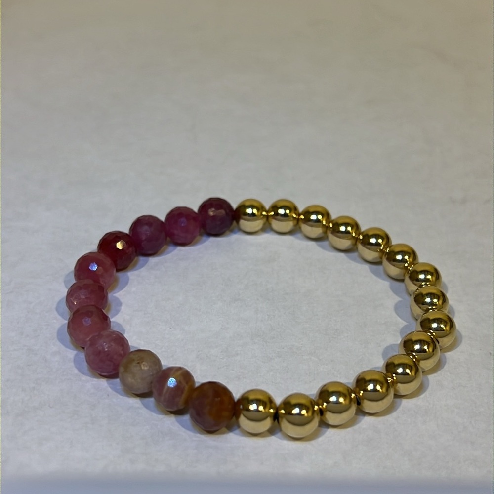 Natural Ruby and 14k Gold Filled Gemstone Halfsie Handmade Stretch Bracelet